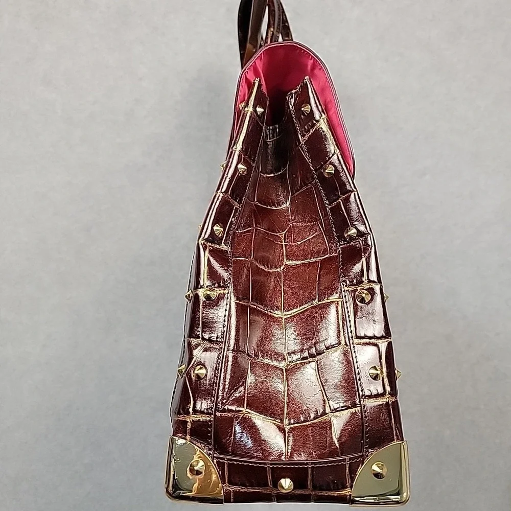 Vintage NORDSTROM Large Croco Embossed Leather Purse Hand Bag‎ Wine Gold Studded